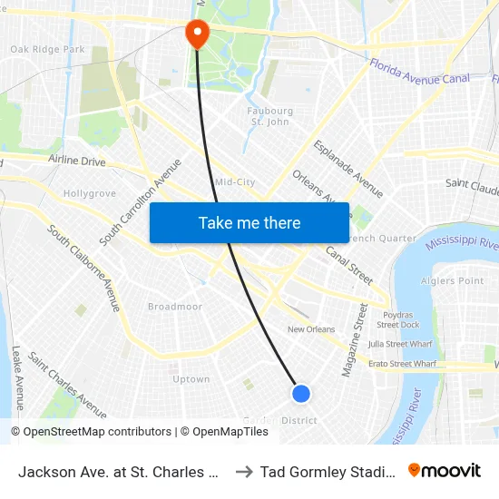 Jackson Ave. at St. Charles Ave. to Tad Gormley Stadium map