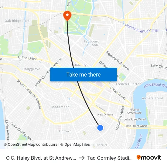 O.C. Haley Blvd. at St Andrew St. to Tad Gormley Stadium map