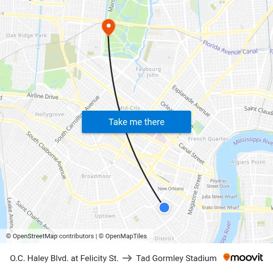 O.C. Haley Blvd. at Felicity St. to Tad Gormley Stadium map