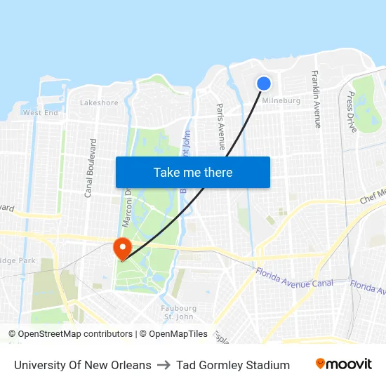 University Of New Orleans to Tad Gormley Stadium map