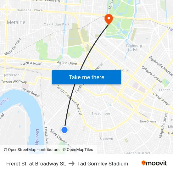 Freret St. at Broadway St. to Tad Gormley Stadium map