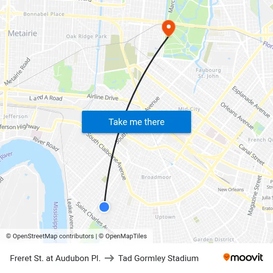 Freret St. at Audubon Pl. to Tad Gormley Stadium map
