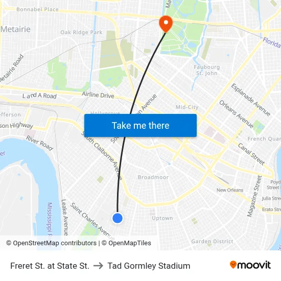Freret St. at State St. to Tad Gormley Stadium map