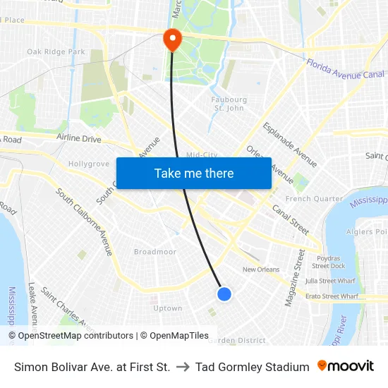 Simon Bolivar Ave. at First St. to Tad Gormley Stadium map