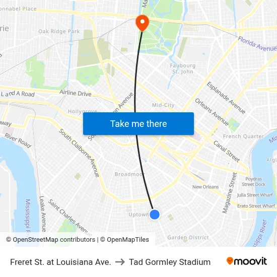 Freret St. at Louisiana Ave. to Tad Gormley Stadium map