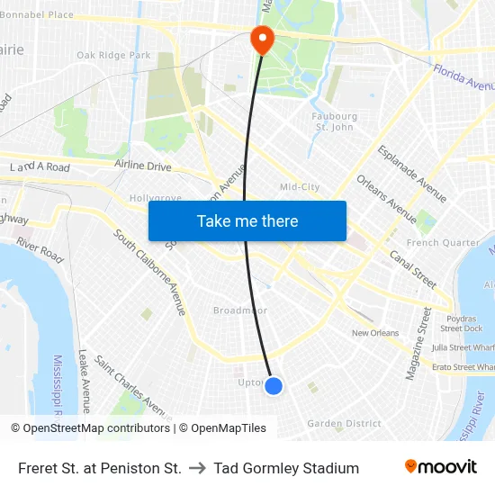 Freret St. at Peniston St. to Tad Gormley Stadium map
