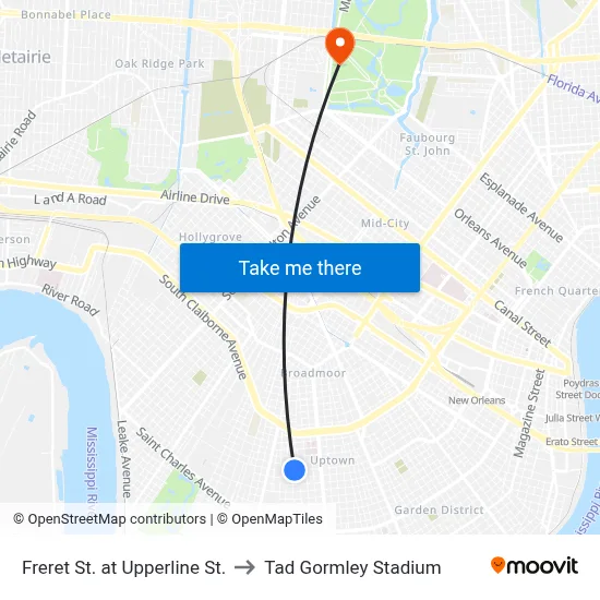 Freret St. at Upperline St. to Tad Gormley Stadium map