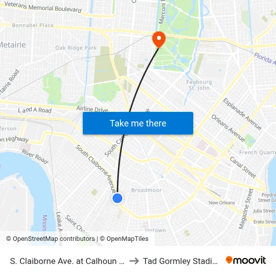 S. Claiborne Ave. at Calhoun St. to Tad Gormley Stadium map