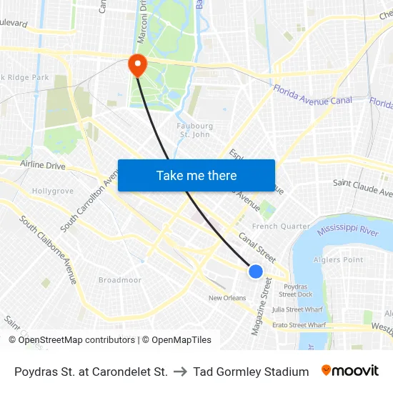 Poydras St. at Carondelet St. to Tad Gormley Stadium map