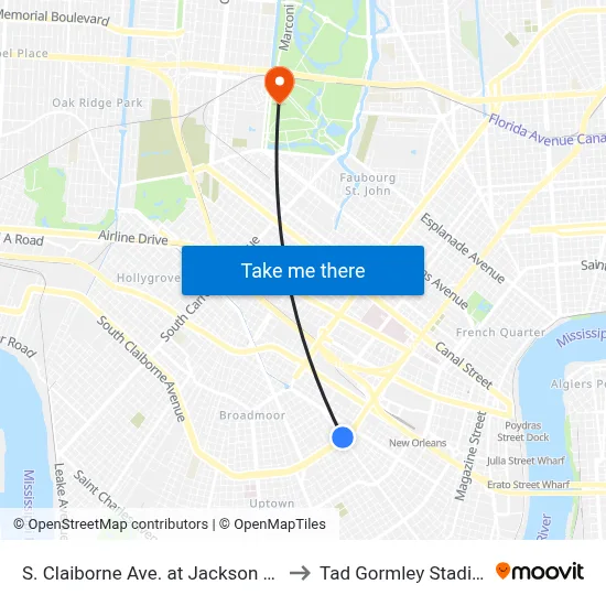 S. Claiborne Ave. at Jackson Ave. to Tad Gormley Stadium map