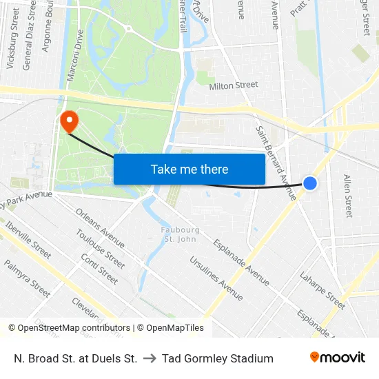 N. Broad St. at Duels St. to Tad Gormley Stadium map
