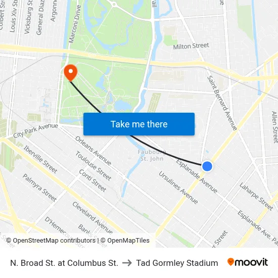 N. Broad St. at Columbus St. to Tad Gormley Stadium map
