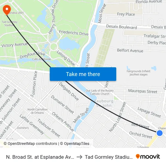 N. Broad St. at Esplanade Ave. to Tad Gormley Stadium map