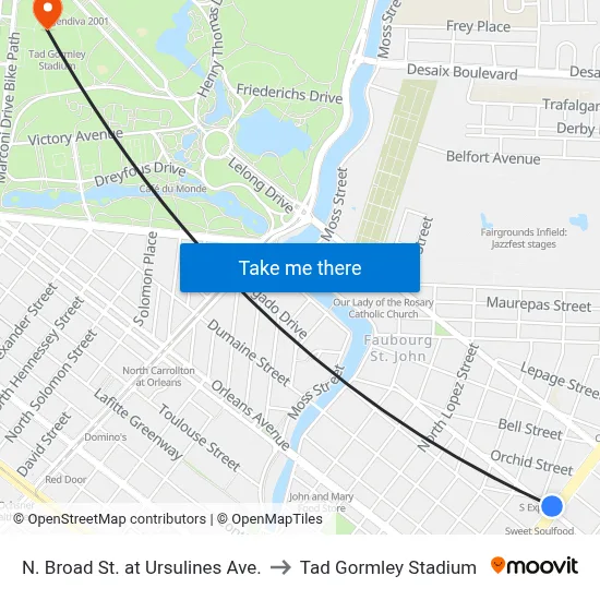 N. Broad St. at Ursulines Ave. to Tad Gormley Stadium map
