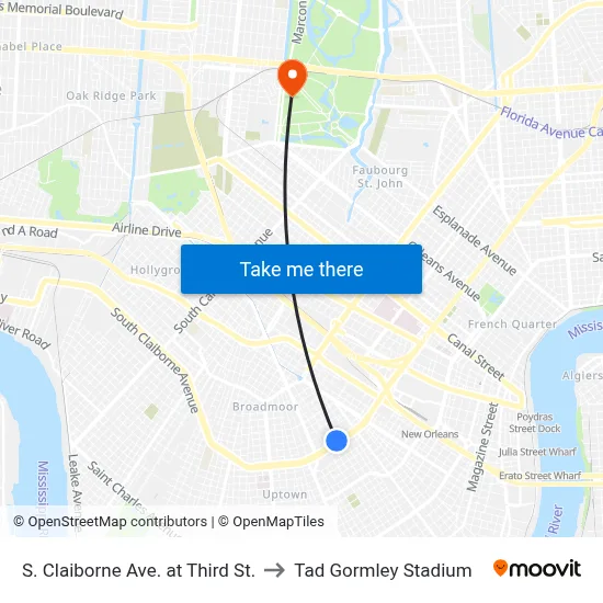 S. Claiborne Ave. at Third St. to Tad Gormley Stadium map