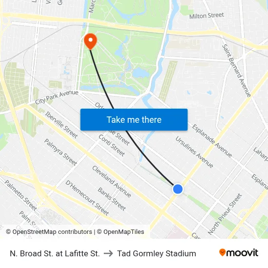 N. Broad St. at Lafitte St. to Tad Gormley Stadium map