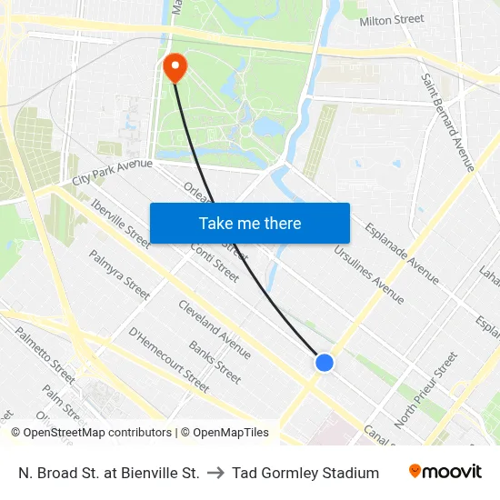 N. Broad St. at Bienville St. to Tad Gormley Stadium map