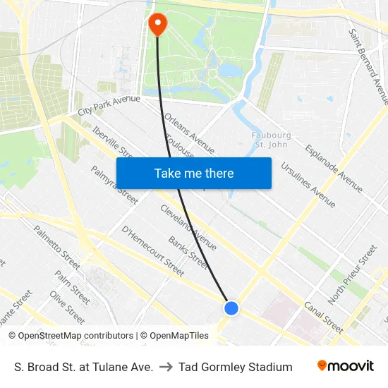 S. Broad St. at Tulane Ave. to Tad Gormley Stadium map