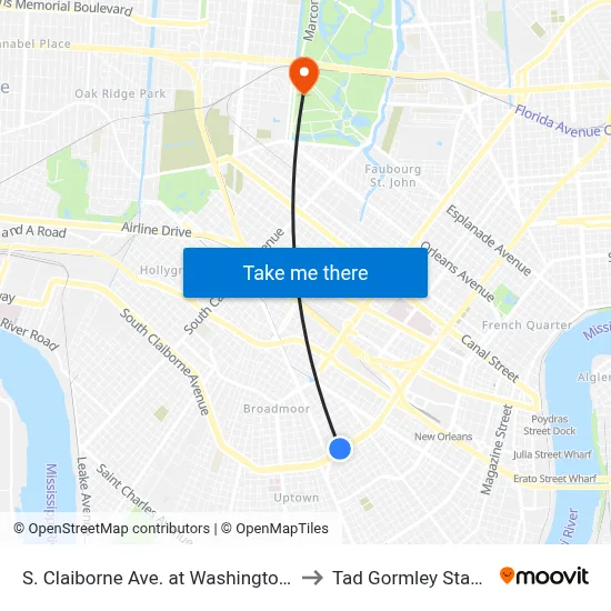 S. Claiborne Ave. at Washington Ave. to Tad Gormley Stadium map
