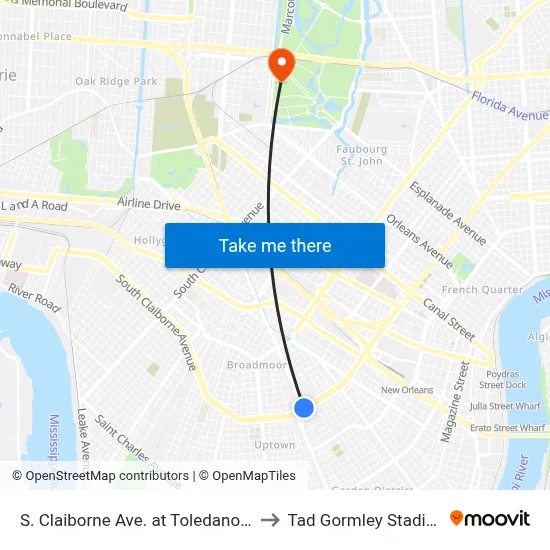S. Claiborne Ave. at Toledano St. to Tad Gormley Stadium map