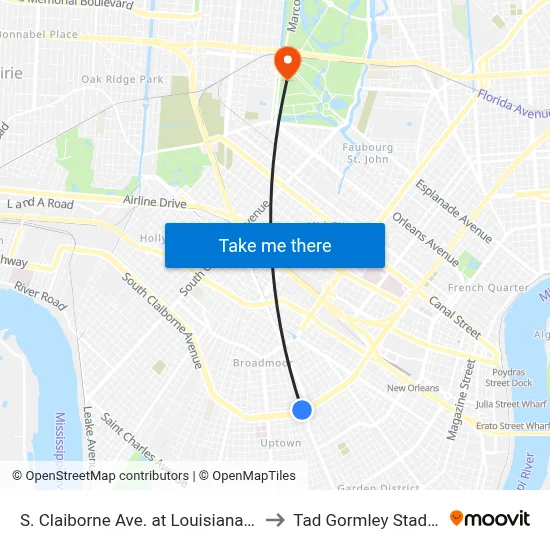 S. Claiborne Ave. at Louisiana Ave. to Tad Gormley Stadium map