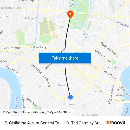 S. Claiborne Ave. at General Taylor St. to Tad Gormley Stadium map