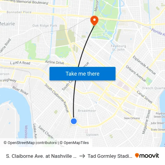 S. Claiborne Ave. at Nashville Ave. to Tad Gormley Stadium map