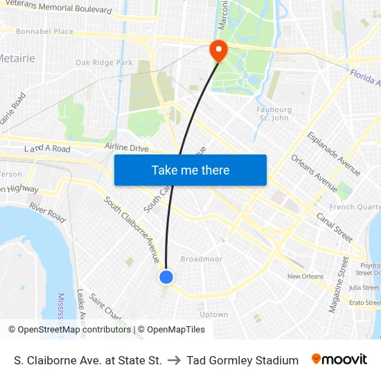 S. Claiborne Ave. at State St. to Tad Gormley Stadium map