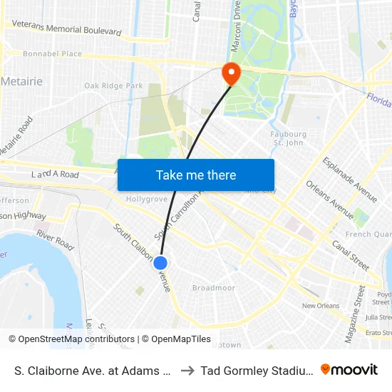 S. Claiborne Ave. at Adams St. to Tad Gormley Stadium map