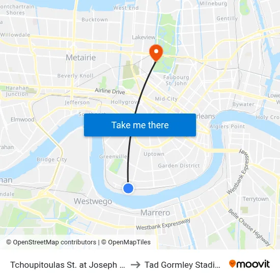 Tchoupitoulas St. at Joseph St. to Tad Gormley Stadium map