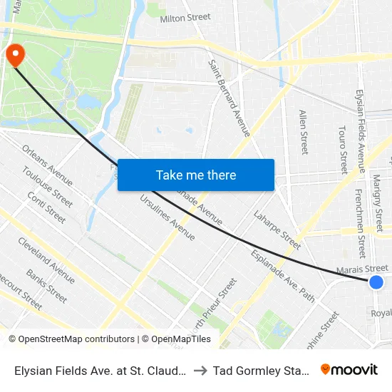 Elysian Fields Ave. at St. Claude Ave. to Tad Gormley Stadium map