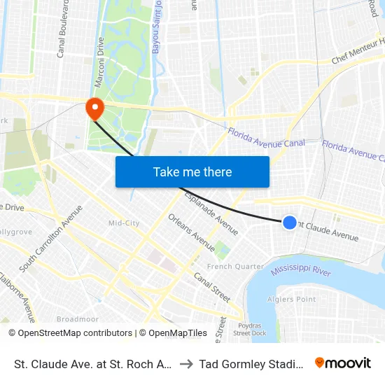 St. Claude Ave. at St. Roch Ave. to Tad Gormley Stadium map