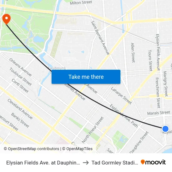 Elysian Fields Ave. at Dauphine St. to Tad Gormley Stadium map