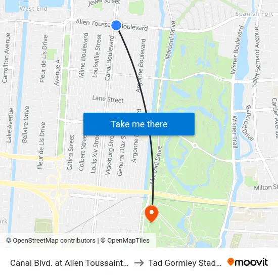 Canal Blvd. at Allen Toussaint Blvd to Tad Gormley Stadium map