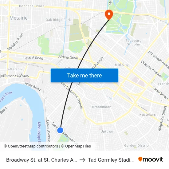 Broadway St. at St. Charles Ave. to Tad Gormley Stadium map