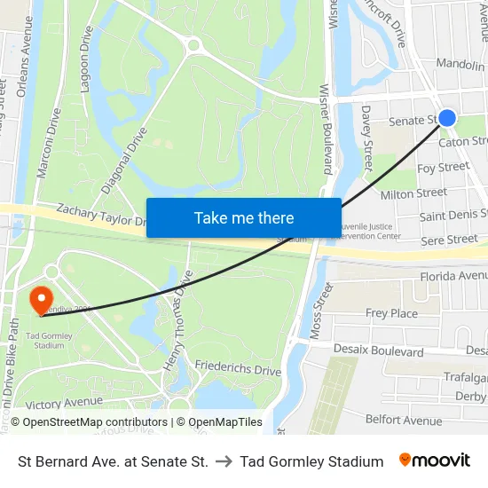 St Bernard Ave. at Senate St. to Tad Gormley Stadium map