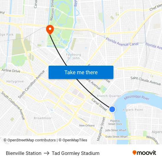 Bienville Station to Tad Gormley Stadium map