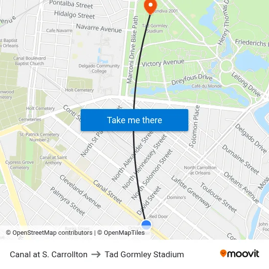 Canal at S. Carrollton to Tad Gormley Stadium map