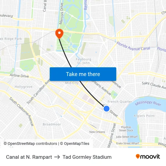 Canal at N. Rampart to Tad Gormley Stadium map
