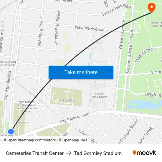 Cemeteries Transit Center to Tad Gormley Stadium map