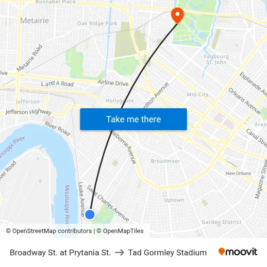 Broadway St. at Prytania St. to Tad Gormley Stadium map