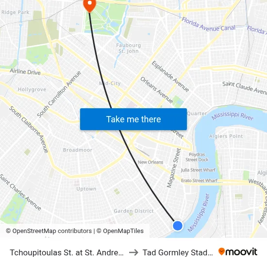 Tchoupitoulas St. at St. Andrew St. to Tad Gormley Stadium map