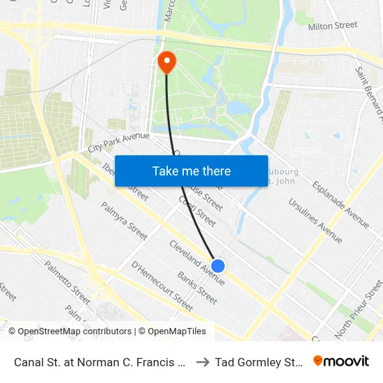 Canal St. at Norman C. Francis Pkwy. (In) to Tad Gormley Stadium map