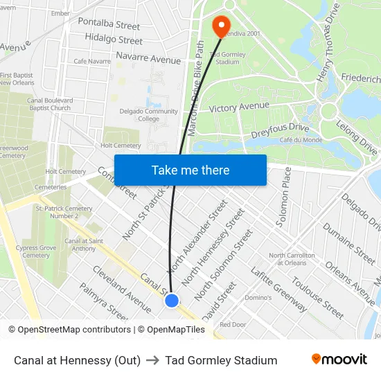 Canal at Hennessy (Out) to Tad Gormley Stadium map