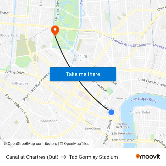 Canal at Chartres (Out) to Tad Gormley Stadium map
