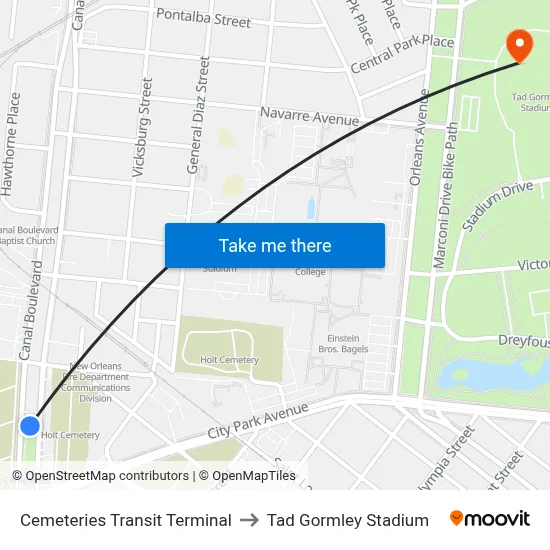 Cemeteries Transit Terminal to Tad Gormley Stadium map