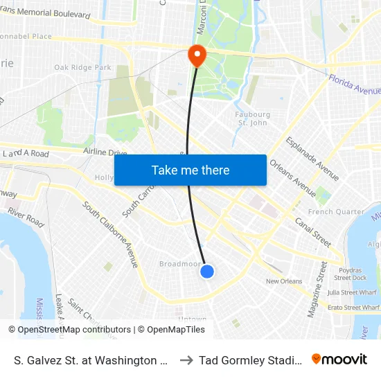S. Galvez St. at Washington Ave. to Tad Gormley Stadium map