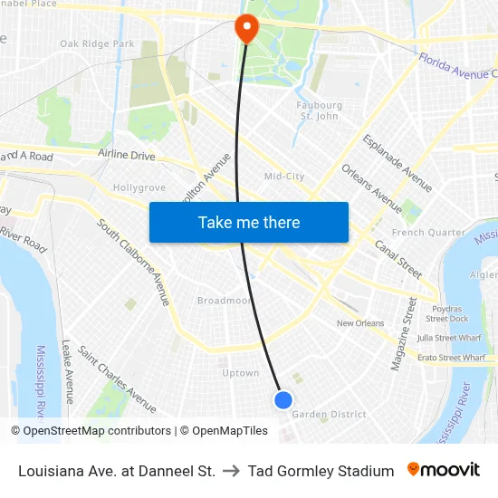 Louisiana Ave. at Danneel St. to Tad Gormley Stadium map