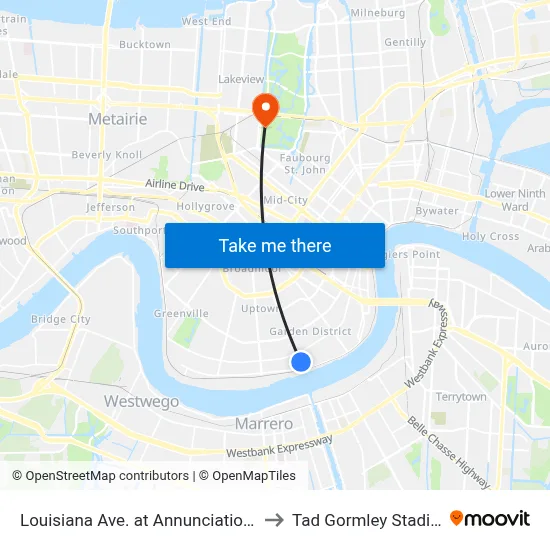 Louisiana Ave. at Annunciation St. to Tad Gormley Stadium map
