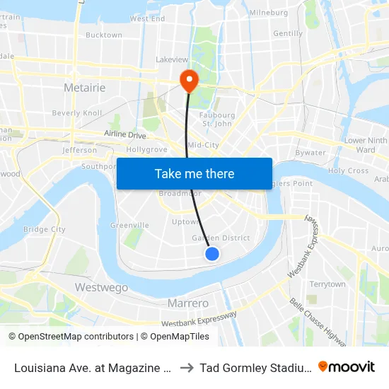 Louisiana Ave. at Magazine St. to Tad Gormley Stadium map